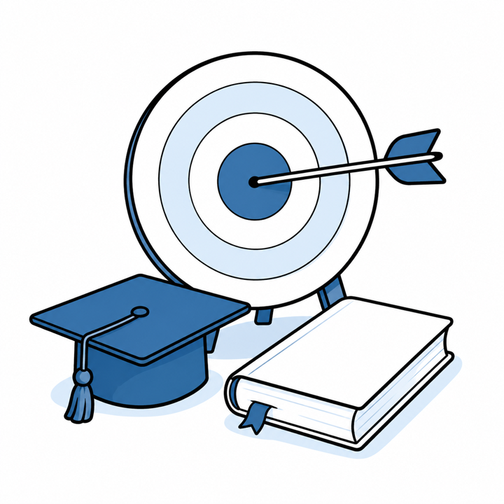 志望大学合格への目標を表す的と卒業帽のイラスト