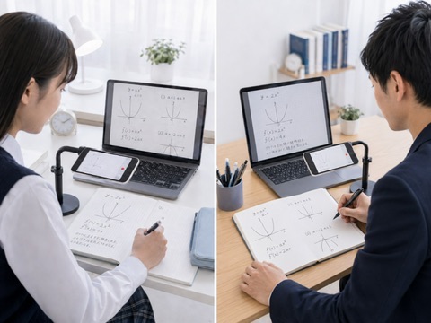 タブレットとパソコンを使ってオンラインで数学を学ぶ生徒
