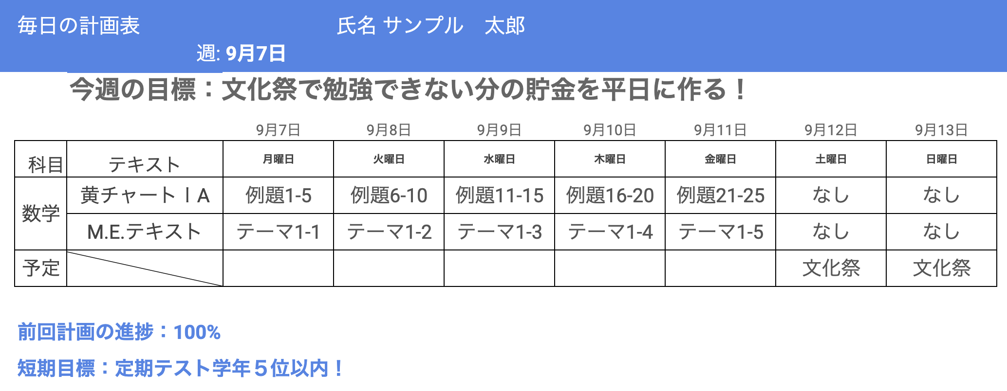 生徒ごとに作成する毎日の学習計画表の例